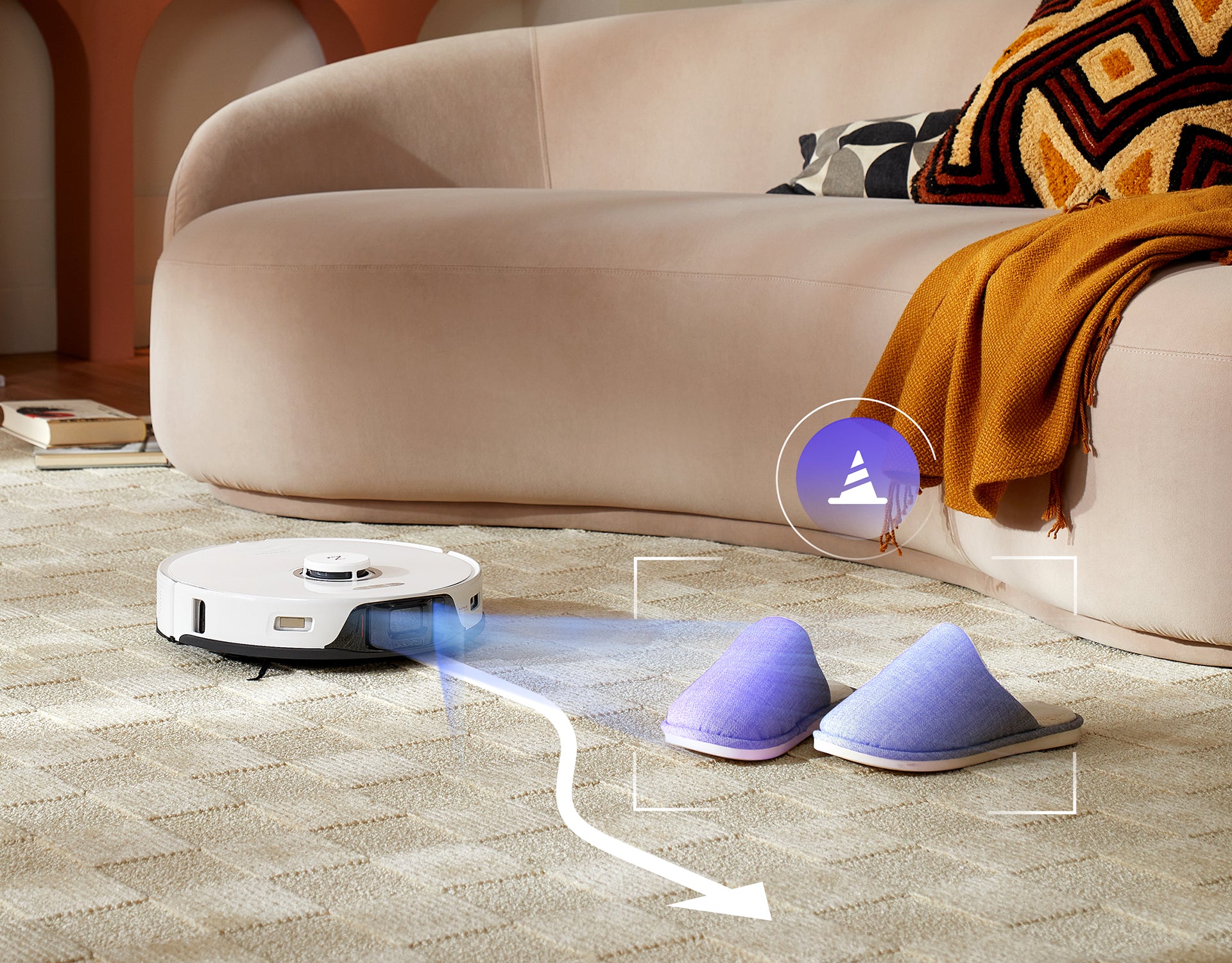 Roborock robot vacuum cleaner cleaning the carpet while avoiding slippers on the floor Roborock robot vacuum cleaner cleaning the carpet while avoiding slippers on the floor